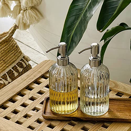 JASAI 2PACK 18 Oz Glass Soap Dispenser with Rust Proof Stainless Steel Pump, Refillable Hand Soap Dispenser with Vertical Stripe, Premium Bathroom soap Dispenser for Kitchen & Bathroom - color: Clear-2p, size: 2 Pack