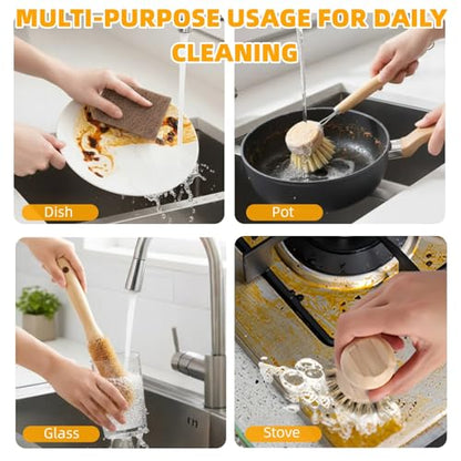 Natural Bamboo Dish Brush Set - 6 PCS Kitchen Cleaning Brush Kit with 4 Utensil Brushes and 2 Coconut Fiber Dish Sponges, for Cleaning Pots, Pans, Dishes, Bottles, Vegetables, and Fruits