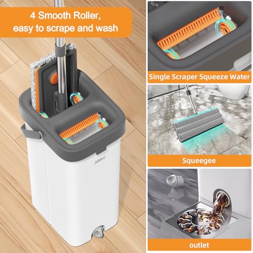 JUDRDO Mop and Bucket with Wringer Set for Home,61" Flat Mop and Bucket System for Floor Cleaning,Wet Dry Mop Window Wall Cleaner with Long Handle,Floor Mop with 4 Washable Microfiber Pads