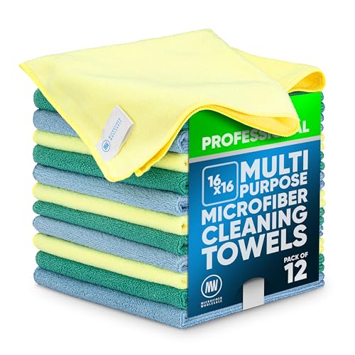 MW Pro Microfiber Cleaning Cloth | Blue, Green, Yellow (12 Pack) | Size 16" x 16" | All Purpose Microfiber Towels - Clean, Dust, Polish, Scrub, Absorbent - color: Blue, Green, Yellow