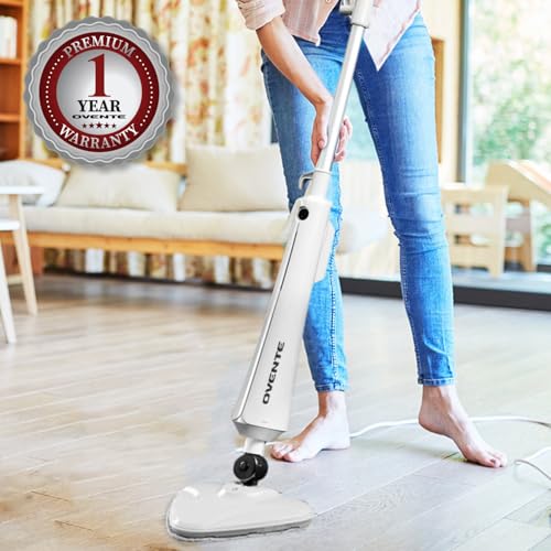 OVENTE Electric Steam Mop Cleaner, 1300W Floor Steamer with Swivel Head, Refillable Water Tank and Washable Microfiber Pad for Cleaning Carpet, Hardwood, Laminate Floor, Tiles and Grout, White ST405W - color: White