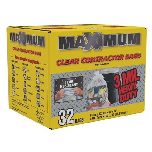 Maximum Heavy Duty Garbage Bags, 42-Gallon, 3 Mil, Clear Garbage Bags Extra Large, Tear Resistant, Industrial Strength, 32 Counts - color: Clear