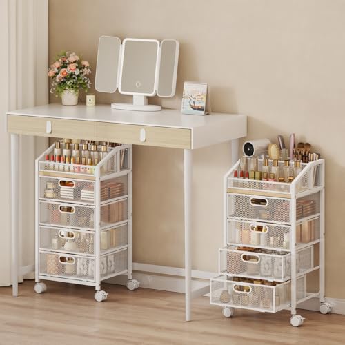 HapiRm Rolling Makeup Cart Organizer - Under Desk Makeup Storage with Wheels, Floor Make up Cart Skincare Organizers Desk Vanity Storage Organizer Cabinet for Cosmetics Makeup Brush Hair Tool, White - color: White, size: 4 Drawers