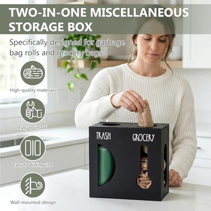 2 in 1 Trash Bag Dispenser, Double Wall Mounted,Wood Trash Bag Holder, used in kitchen, garage, laundry room, can store Environmentally friendly food bags and garbage bags(Black/Large) - color: Black/Large