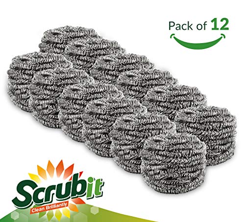 12 Pack Stainless Steel Scourers by Scrub It – Steel Wool Scrubber Pad Used for Dishes, Pots, Pans, and Ovens. Easy scouring for Tough Kitchen Cleaning.