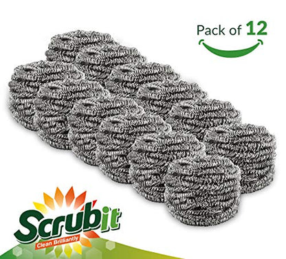 12 Pack Stainless Steel Scourers by Scrub It – Steel Wool Scrubber Pad Used for Dishes, Pots, Pans, and Ovens. Easy scouring for Tough Kitchen Cleaning.