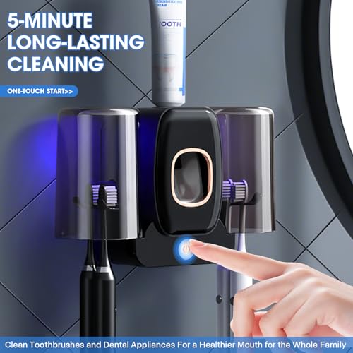 2Cups Wall-Mounted Toothbrush Sterilizer Holder with Toothpaste Dispenser - 4 Slots,3 in 1 Toothbrush Cleaner, No Drilling, USB Charging, Ideal for Family Bathroom (Black-Double Cup) - color: Black-double Cup