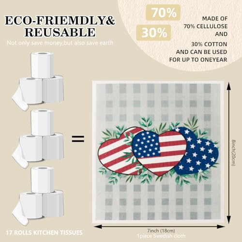 4th of July 6 Packs Swedish Kitchen Dish Cloths - American Flags Reusable Paper Towels for Counters & Dishes - Eco-Friendly Cellulose Sponge Cloth - color: J-flag