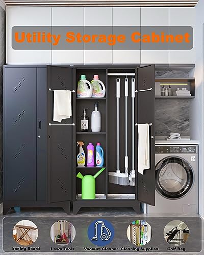 Metal Storage Cabinet with Lock, 71" Garage Storage Cabinets with Hanging Rod & S-Hooks, Large Storage Cabinet, Locking Tool Utility Closet, Black - size: 71" Garage Cabinets