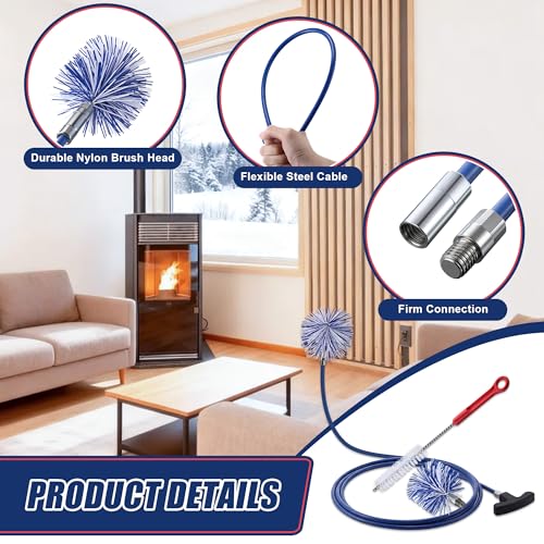 Dreyoo Pellet Stove Cleaning Brush Kit, 10 FT Flexible Steel Rod with 3" & 4" Brush Head, T Handle, Multi Purpose Flue Detail Cleaner, Nylon Stove Flue Pipe Kit for Pellet Furnace Exhaust Pipes - size: 10FT with 3" & 4" Brush Heads