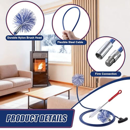 Dreyoo Pellet Stove Cleaning Brush Kit, 10 FT Flexible Steel Rod with 3" & 4" Brush Head, T Handle, Multi Purpose Flue Detail Cleaner, Nylon Stove Flue Pipe Kit for Pellet Furnace Exhaust Pipes - size: 10FT with 3" & 4" Brush Heads