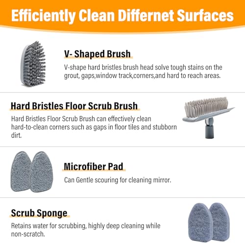 4 in 1 Tile Shower Cleaner Brush, Long Handled Scrub Brush for Shower with Adjustable Long Handle Floor Scrub Brush for Cleaning Bathroom/Shower/Tub/Tile/Kitchen/Glass/Wall
