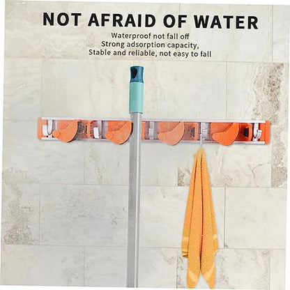 Metal Wall-Mounted Broom Shelf Heavy Duty Aluminum Hooks for Garden and Kitchen Organization Storage Orange for Mops and Cleaning Tools