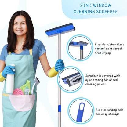 Window Squeegee for Home, 56'' Long Handle Shower Door Cleaner Tool, 2-in-1 Glass Scrubber for Car Windshield Cleaning