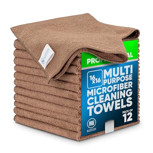 MW Pro Microfiber Cleaning Cloth | Tan | 12 Pack | 16” x 16” | All Purpose Microfiber Towels - Clean, Dust, Polish, Scrub, Absorbent - color: Tan