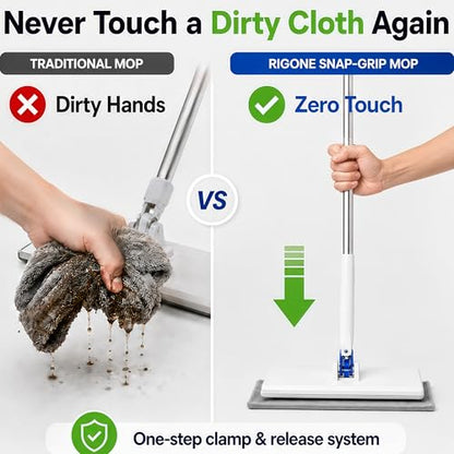 RIGONE Snap Grip Mop Kit, Hands-Free Flat Mop with One-Press Clip, 49" Wet Dry Floor Cleaner, Use Any Cloth, Towel or Rag, 34-Piece Set for Hardwood Tile Wall Window Home Cleaning