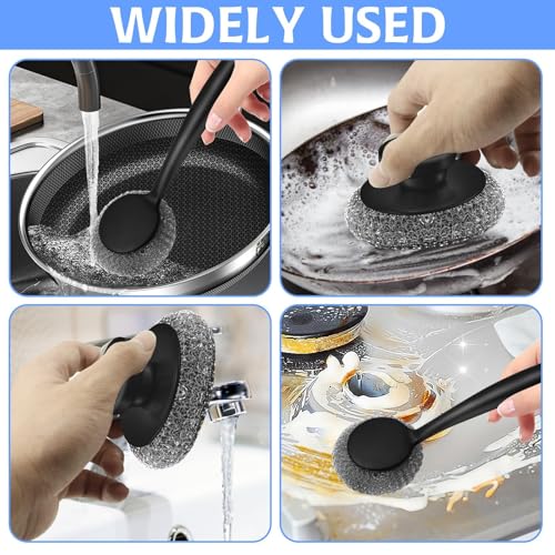 Scrubber with Handle Comes with Three Replacement Balls Steel Wool, Short Handle Scrubber, Steel Wool Scrubber Supplies Dish Scrubber, Stainless Steel Scrubber Tool Metal Scrubber for Dishes - color: 5pcs-1