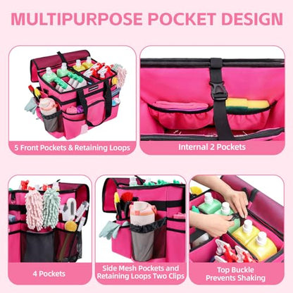 Large Rolling Cleaning Caddy Bag, Cleaning Caddy with Wheels with Detachable Trolley for Housekeepers, Water Resistant Cleaner Supplies Organizer with Wheels for Kitchen, Car, Picnic (Rose-Red)