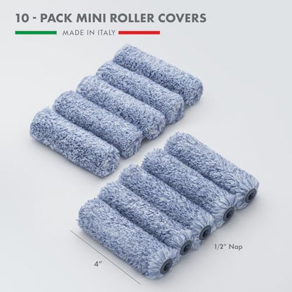 10 - Pack 4 Inches Mini Paint Roller Covers for Smooth and Lint-Free Finish – 1/2 Nap - Made in Italy - Premium Microfiber Roller Naps for All Paints and Stains - size: 10 Pack 4"- 1/2 Nap ( Roller Covers )