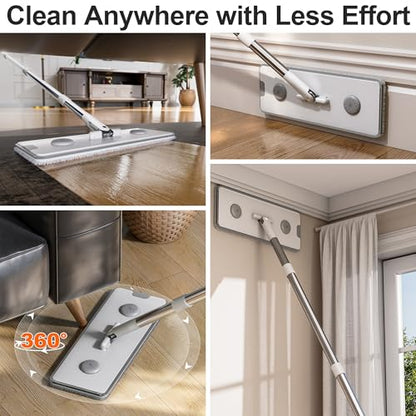 Mop and Bucket Set, Flat Mop and Bucket System, Mop Bucket with Wringer, Wall Mop with Adjustable Handle (Max 61 Inches), 5 Washable Microfiber Mop Pads
