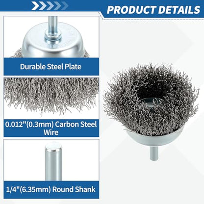 Wire Brush for Drill Set 82Pack, Crimping Steel Wires 0.012" (Carbon Steel) Wire Wheel Cup Pen Brush Drill with 1/4" Round Shank - for Rust, Cleaning, Deburring on Cast Iron - size: 1/1.5/2/2.5/3in