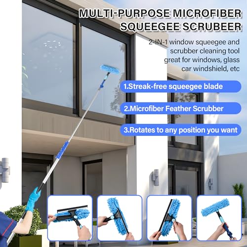 20 FT Exterior House Cleaning Brush Set with 5-12 Foot Telescoping Extension Pole, Soft Scrub Car Wash Brush, Medium Bristle Cleaning Brush and Window Squeegee & Washer - size: 12FT POLE