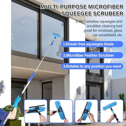 20 FT Exterior House Cleaning Brush Set with 5-12 Foot Telescoping Extension Pole, Soft Scrub Car Wash Brush, Medium Bristle Cleaning Brush and Window Squeegee & Washer - size: 12FT POLE