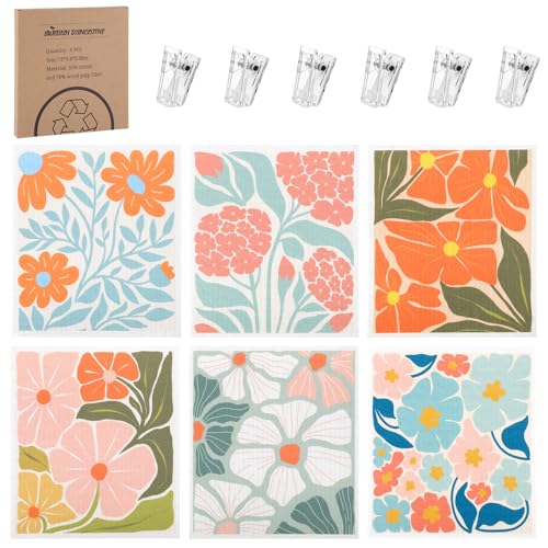 Needbrock 6 Pack Swedish Dishcloths for Kitchen,Abstract Floral Dish Towels with Clips, Reusable Paper Towels Washable Absorbent Cellulose Sponge Cloths No Odor for Cleaning Home Kitchen - color: Pink Abstract Floral