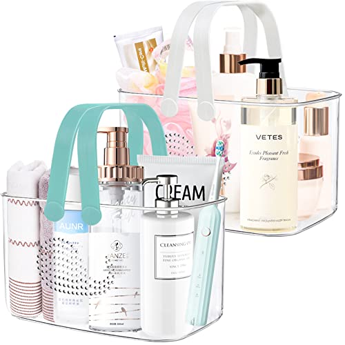 2 Pack Plastic Shower Caddy Basket, Portable Shower Caddy Tote Storage Basket with Handles, Clear Cleaning Supplies Organizer Bin for Bathroom Kitchen College Dorm (White+Cyan) - color: White+Cyan