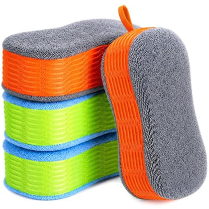 4 Pack Large Microfiber Car Wash Sponges, Cleaning Extra Thick Multi-Purpose Non Scratch Dual-Sided Scrub Pad Reusable Pad for Car, Trucks, Suvs, Boat, Bathroom, Kitchen(Green & Orange) - color: Green & Orange