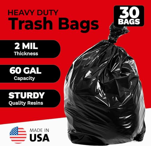 ToughBag 55 Gallon Contractor Trash Bags, 2 Mil Thick (30 Count) - Heavy Duty Drum Liners, Industrial & Commercial Black Garbage Bags - Made in USA