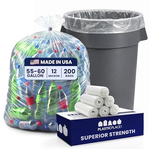 Plasticplace W55HDC1 55-60 gallon Trash Bags │ 12 Microns │ Clear High Density Garbage Can Liners │ 36” x 60” (200Count)