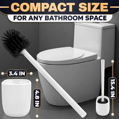 Toilet Brush and Holder Set - Silicone Toilet Bowl Brush with White Holder Base, Compact Bath Accessory for Small Spaces - Easy to Place and Simple to Store After Use, Plastic Bathroom Cleaning Tool - color: White