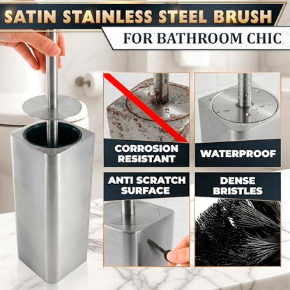 Silver Toilet Brush and Holder Set - Upgrade Your Bathroom in Seconds - Stainless Steel Toilet Bowl Brush and Holder with 2 Rounded Corners, Replaceable Head, Removable Inner Bowl & Splash Guard Cover - color: Silver Squircle