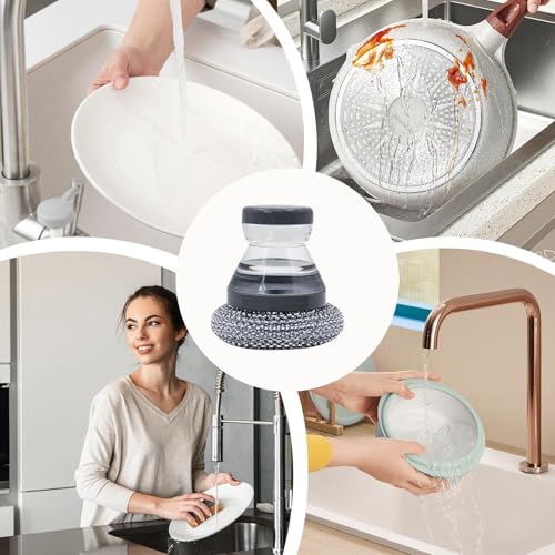 Soap Dispensing Palm Scrubber, Heavy Duty Refillable with Handle, Dish Cleaner Brush Dispenser, for Pots Pans Counter Elderly Home Cooks Busy Parents Professionals