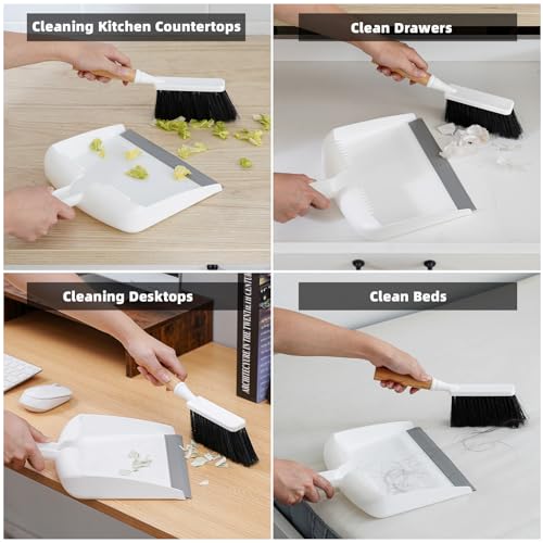 SUBEKYU Dustpan and Brush Set with Bamboo Handle, Hand Mini Broom and Dustpan Set, Small Broom and Dustpan Set for Kitchen/Desktops/Bedroom, White, 1 Set - color: White