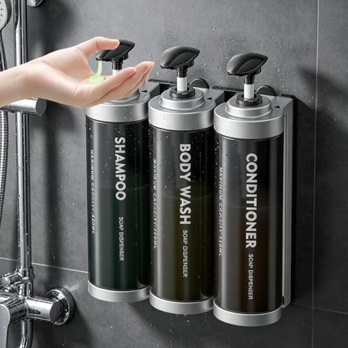 Shampoo and Conditioner Dispenser Wall Mounted, No Drill Shower Soap Dispenser with Large Pump & Key Lock, Refillable ABS Plastic Bathroom Organizer for Hotel, Gym, RV (3 Pack, Gray) - color: Silver, size: 3