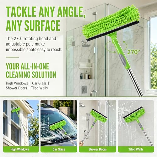 68'' Window Squeegee Cleaner Kit - 2-in-1 Rotatable Window Cleaning Tool with Extension Pole, Professional Streak-Free Squeegee with Bendable Head for Indoor/Outdoor Windows Car Glass (Green, 38.45FT) - color: Green
