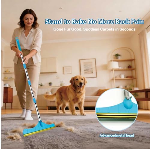 Premium Stainless Steel Pet Hair Removal Carpet Rake | Reusable Adjustable Pet Fur De-Shedding Tool for Carpets, Rugs, Upholstery & Auto Mats | Long Extendable Handle, Heavy-Duty Construction (Blue) - color: Blue