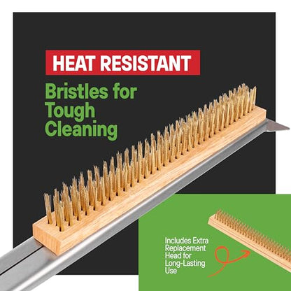 SCRUBIT 26" Pizza Oven Brush with Scraper, Heat Resistant - Stainless-Steel 2-in-1 Pizza Stone Brush with Pizza Stone Cleaner, Includes 2 Brush Heads and 30 Waste Bags - Works with Ooni Pizza Oven