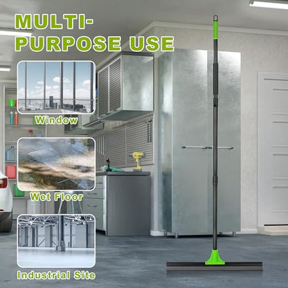 Rubber Floor Squeegee with 24” Heavy Duty Silicone Rubber Scraper Head and 60” Long Adjustable Handle, Shower Squeegees for Concrete Floor, on Multi-Surface Tile Glass Pool Garage Cleaning