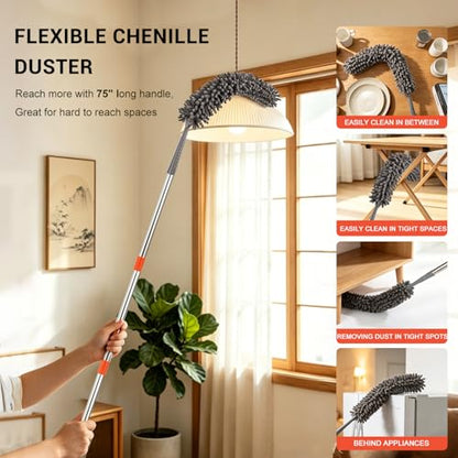 76 Inch Ceiling Fan Cleaner with Long Handle, 360° Fan Blade Cleaner, High Ceiling Duster Cleaning Kit with Cobweb Brush, Chenille and Microfiber Duster for Blinds, Walls and Light Fixtures - color: Gray-complete Duster Kit