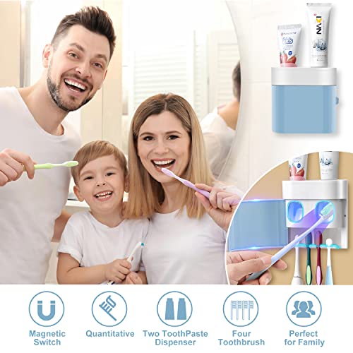 Toothbrush Holder Toothpaste Dispenser Wall Mounted with Cover, 4 Slots Electric Tooth Brush Storage Organizer with 2 Automatic Kids Toothpaste Squeezers for Shower Bathroom Blue, Self Adhesive - color: Blue