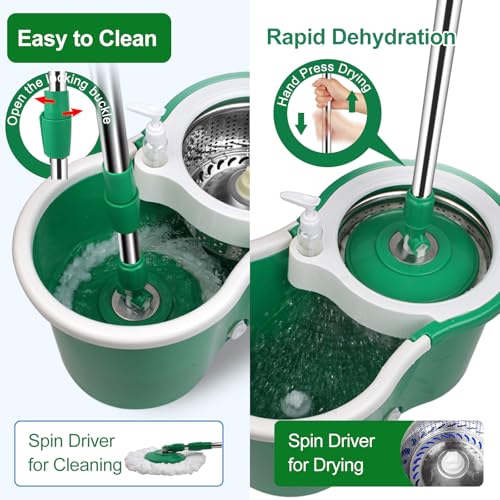 Spin Mop and Bucket with Wringer Set, 360° Rotating Head Mop Bucket System with 3 Microfiber Mop Refills Wet and Dry Suitable for Office and Home Use, Green (Green) - color: Green