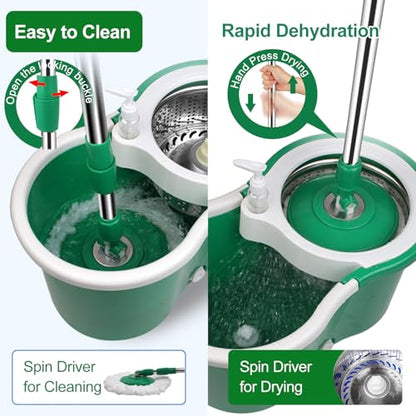 Spin Mop and Bucket with Wringer Set, 360° Rotating Head Mop Bucket System with 3 Microfiber Mop Refills Wet and Dry Suitable for Office and Home Use, Green (Green) - color: Green