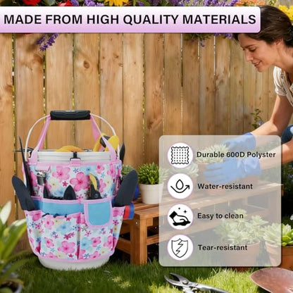 KUNN Gardening Gift for Women Men 5 Gallon Bucket Tool Organizer with 18 Pockets, Heavy-Duty Bucket Buddy Caddy Bag, Garden Tools Organizer Storage with Comfort Grip Handle Pad Attachment,Pink - style: Pink Blossom