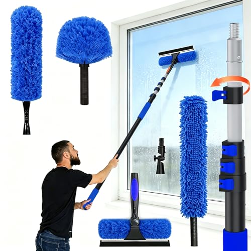 26FT Reach Duster Kit, Window Cleaning with 5-20FT Telescoping Extension Pole, High Ceiling Duster, Microfiber Feather Duster, Cobweb Duster, Window Squeegee, Feather Duster, Extendable Pole Kit - color: Blue, size: 20FT
