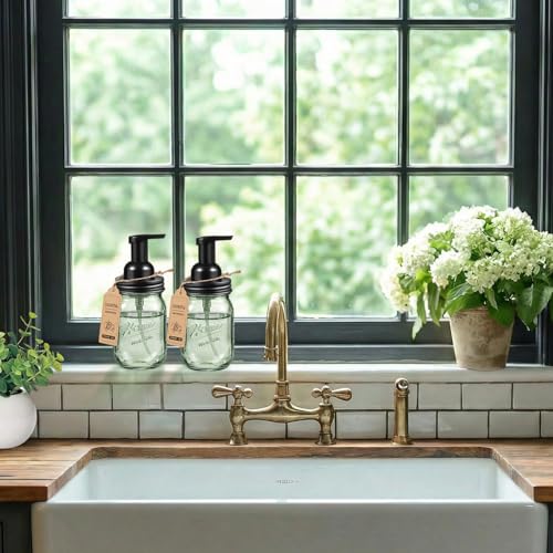 SheeChung 16 Oz Mason Jar Foaming Soap Dispenser, Stainless Steel Lid, BPA Free Pump, Green Glass Foam Hand Soap Dispenser, Refillable Liquid Foam Dispenser Bottle for Bathroom Kitchen-Black, 2 Pack - color: Regular Mouth, Black-2 Pack