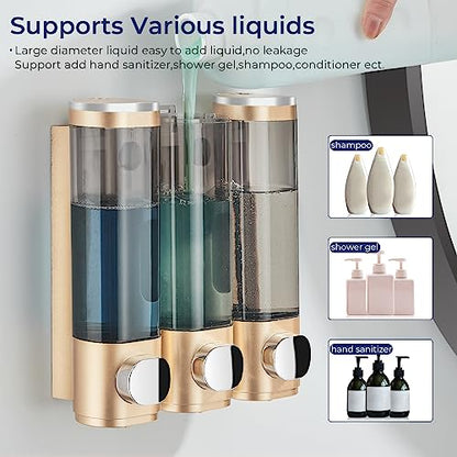 Shampoo and Conditioner Dispenser 3 Chamber No Drill,Shower Soap Pump Dispenser Wall Mounted,Body Wash Dispenser,Shower Gel Shampoo Holder for Bathroom Accessories, (Gold 3) - color: Gold 3