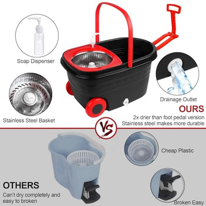 Spin Mop and Bucket with Wringer Set on Wheels, 360 Spinning Mop with Stainless Steel Handle for All Hard Surfaces, Floor Cleaning System with 3 Microfiber Replacement Heads, Black/Red - color: Black/Red